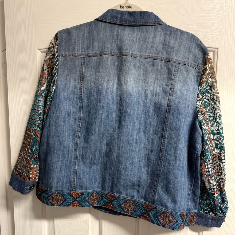 Multiples Blue Denim Jacket with Multicolor Embroidered Sleeves - Picture 6 of 10